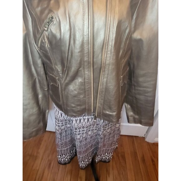 Bronze Metallic Leather Biker Jacket MIXIT L  Zipper Collar Pockets Glam - Picture 4 of 12